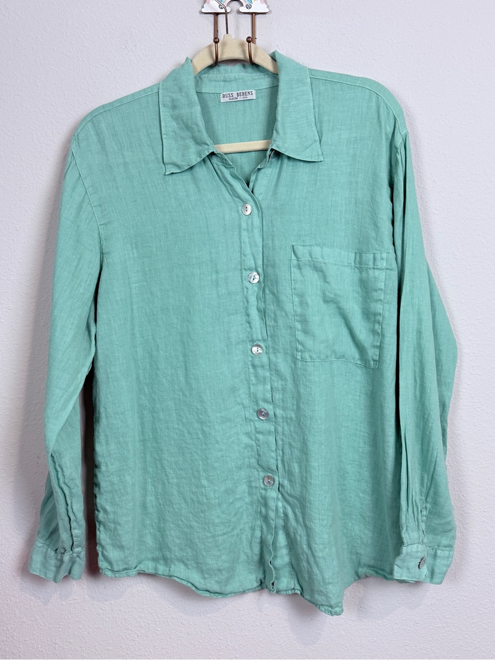 Russ Berens Linen Aqua Button-Down Shirt S